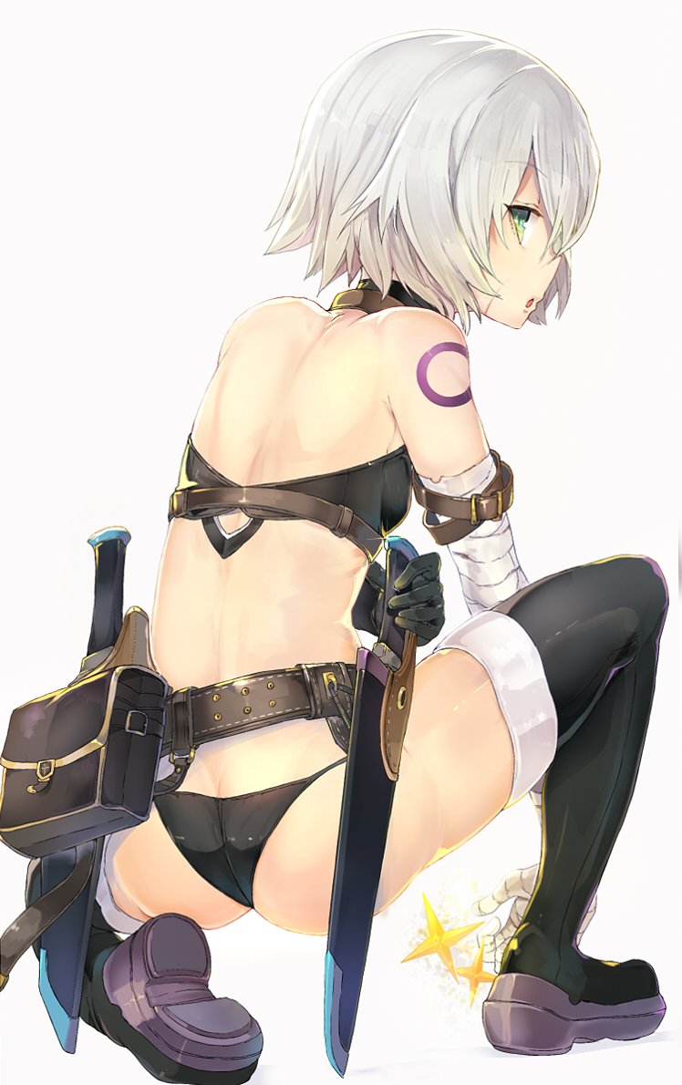 1girl :o ass assassin_of_black bandage bandaged_arm bare_shoulders belt black_bra black_gloves black_legwear black_panties bra butt_crack dagger fate/apocrypha fate_(series) from_behind full_body gloves green_eyes looking_at_viewer looking_back one_knee panties pouch profile sheath shoes short_hair silver_hair simple_background single_glove solo sumisu_(mondo) tattoo thigh-highs underwear weapon white_background