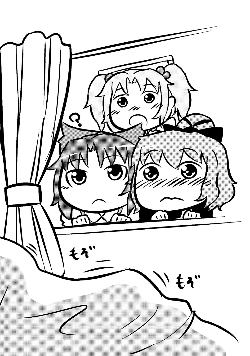 3girls blush bow comic greyscale hair_bobbles hair_bow hair_bun hair_ornament highres kisume kurodani_yamame monochrome multiple_girls reiuji_utsuho touhou translation_request twintails two_side_up yoekosukii