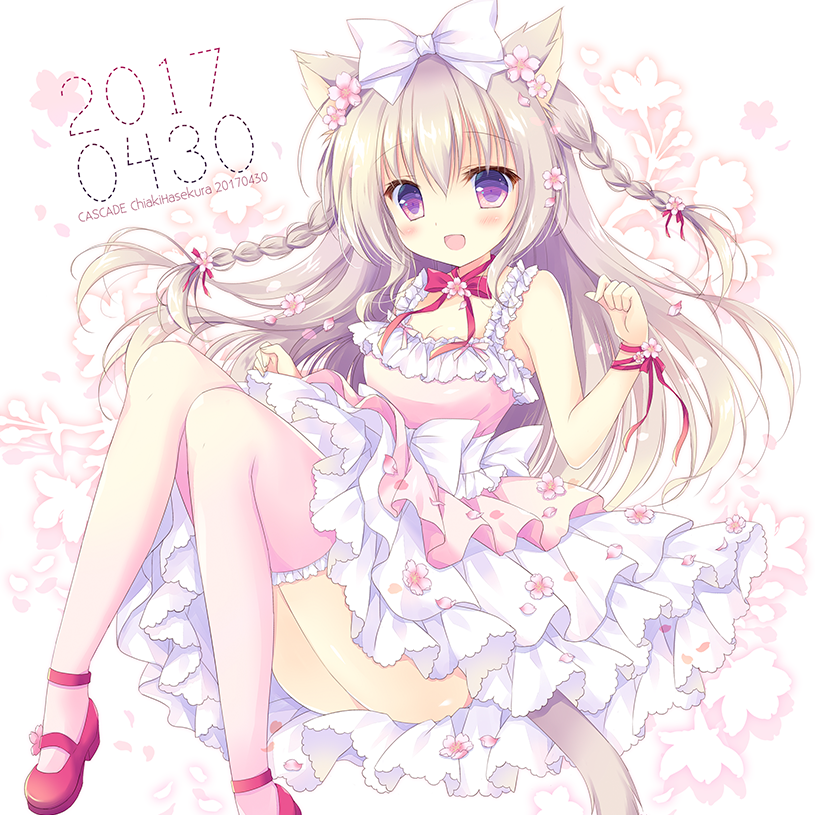 1girl :d animal_ears artist_name bangs bare_arms blush bow braid breasts cat_ears cat_girl cat_tail cherry_blossoms cleavage commentary_request dress eyebrows_visible_through_hair flower frilled_legwear hair_between_eyes hair_bow hair_flower hair_ornament hair_ribbon hasekura_chiaki layered_dress light_brown_hair looking_away mary_janes open_mouth original petals pink_dress pink_legwear red_ribbon red_shoes ribbon shoe_flower shoes small_breasts smile solo tail thigh-highs twin_braids violet_eyes white_bow wrist_ribbon