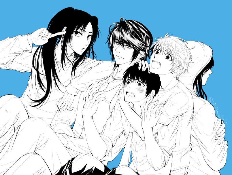 5boys alternate_costume black_hair blush crossover facing_away fangs hand_on_another's_head hands haruka_(tactics) hidden_eyes higashiyama_kazuko hood hoodie hug hug_from_behind leaning_back leaning_forward leaning_on_person long_hair male_focus monochrome multiple_boys necktie original pointing pointing_at_self short_hair sitting sleeves_rolled_up spot_color sugino_(tactics) tactics twintails vest