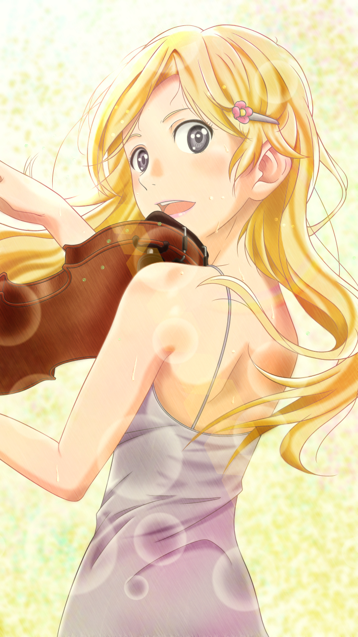 1girl :d blonde_hair dress floating_hair flying_sweatdrops from_behind grey_dress grey_eyes hair_ornament highres holding holding_instrument instrument long_hair looking_at_viewer looking_back miyazono_kawori music open_mouth playing_instrument ryoumei50 shigatsu_wa_kimi_no_uso sleeveless sleeveless_dress smile solo standing sweat sweating upper_body violin