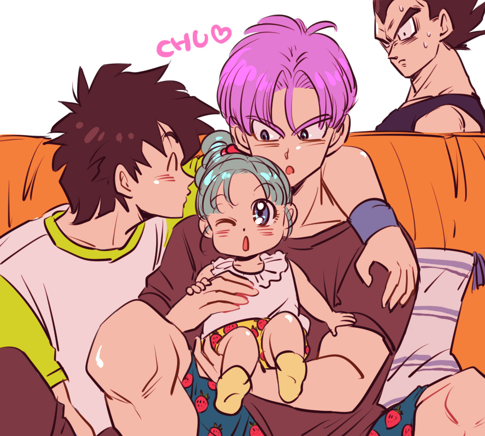 1girl 3boys black_eyes black_hair black_shirt blue_eyes blue_hair bra_(dragon_ball) brothers carrying closed_eyes couch dragon_ball dragonball_z eyebrows_visible_through_hair father_and_daughter father_and_son hand_on_another's_shoulder heart imminent_kiss looking_at_another miiko_(drops7) multiple_boys one_eye_closed open_mouth pillow purple_hair shirt short_hair siblings simple_background socks son_goten spiky_hair sweatdrop trunks_(dragon_ball) vegeta white_background white_shirt wristband