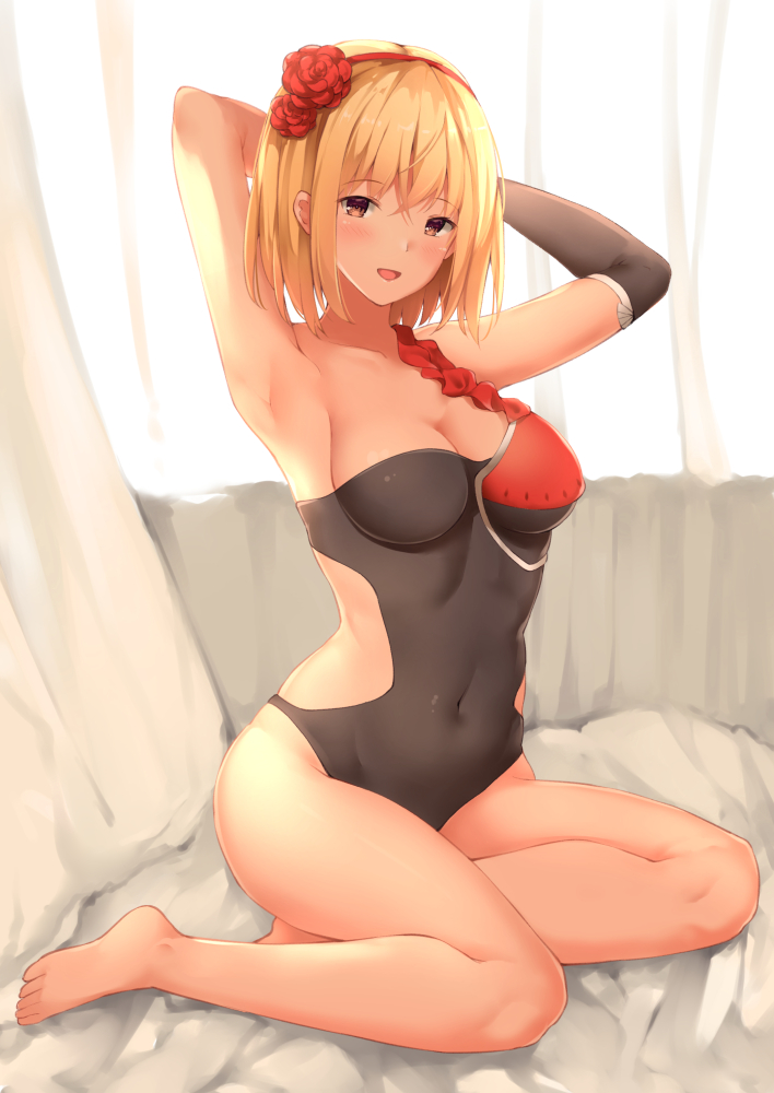 1girl armpits arms_up bangs barefoot black_gloves blonde_hair blush breasts brown_eyes cleavage collarbone covered_navel curtains dancer_(granblue_fantasy) day djeeta_(granblue_fantasy) elbow_gloves flower gloves granblue_fantasy hair_flower hair_ornament hairband indoors looking_at_viewer medium_breasts open_mouth rose short_hair single_elbow_glove sitting smile solo suzuame_yatsumi