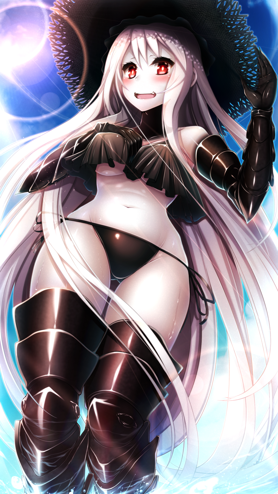1girl aircraft_carrier_summer_oni ass bangs bikini black_bikini black_gloves black_hat black_legwear blush breasts clouds collar day from_below fuuki_(te_fuukin) gloves hand_on_own_chest hat highres kantai_collection large_breasts lens_flare long_hair looking_at_viewer navel open_mouth pale_skin red_eyes shinkaisei-kan side-tie_bikini skindentation sky solo sun sun_hat swimsuit thigh-highs under_boob very_long_hair white_hair