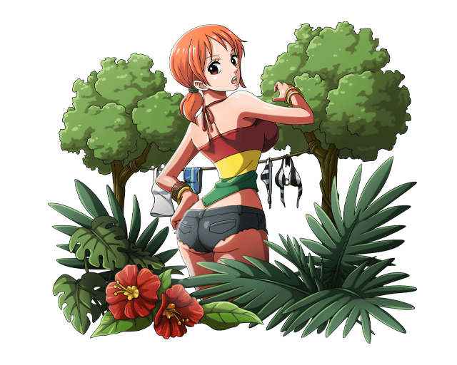 1girl ass black_shorts bodskih bracelet brown_eyes cowboy_shot crop_top flower from_behind hand_on_hip hibiscus hips jewelry looking_at_viewer looking_back nami_(one_piece) one_piece open_mouth orange_hair red_flower short_hair short_shorts short_twintails shorts solo standing striped swimsuit transparent_background tree twintails