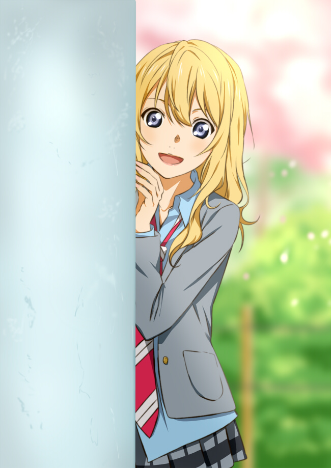 1girl :d blonde_hair blue_eyes blue_shirt grey_jacket grey_skirt hair_between_eyes jacket long_hair looking_at_viewer miniskirt miyazono_kawori necktie open_clothes open_jacket open_mouth pleated_skirt red_necktie saitoyu00 school_uniform shigatsu_wa_kimi_no_uso shirt skirt smile solo standing striped striped_necktie