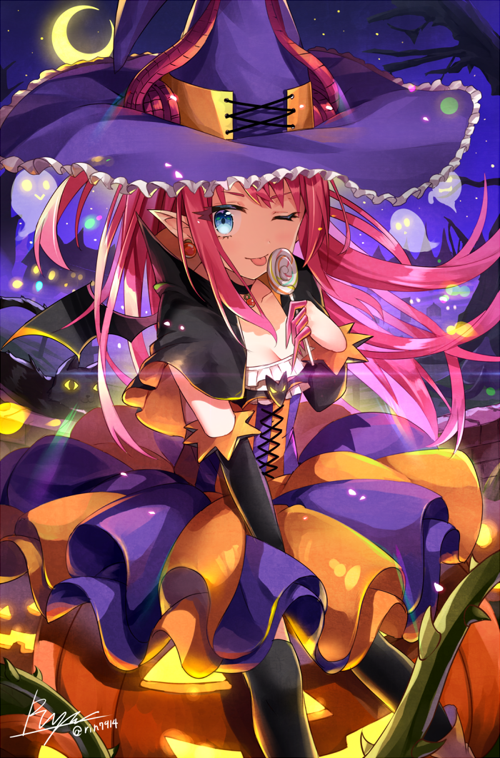 1girl ;p artist_name bangs bare_tree between_legs black_legwear blue_eyes breasts candy closed_mouth crescent_moon earrings elizabeth_bathory_(halloween)_(fate) fate/grand_order fate_(series) food hand_between_legs hat holding holding_food horns jack-o'-lantern jewelry lancer_(fate/extra_ccc) lollipop long_hair looking_at_viewer moon one_eye_closed outdoors over-kneehighs plant pointy_ears purple_hair rin_yuu sidelocks signature small_breasts smile solo thigh-highs tongue tongue_out tree tsurime two_side_up vines witch_hat