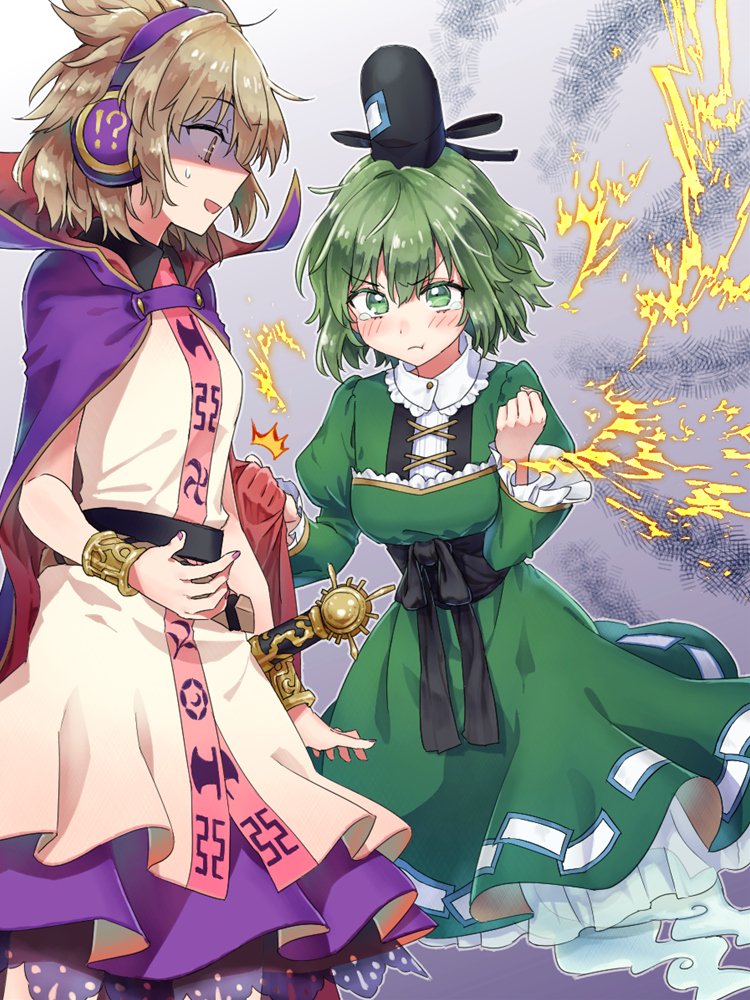 !? 2girls :t akidzuki_haruhi belt bracelet brown_eyes brown_hair cape commentary_request dress earmuffs electricity fingernails ghost_tail green_dress green_eyes green_hair hat jewelry long_sleeves multiple_girls ofuda pointy_hair pout ritual_baton short_hair skirt skirt_set soga_no_tojiko sweatdrop tate_eboshi tears touhou toyosatomimi_no_miko