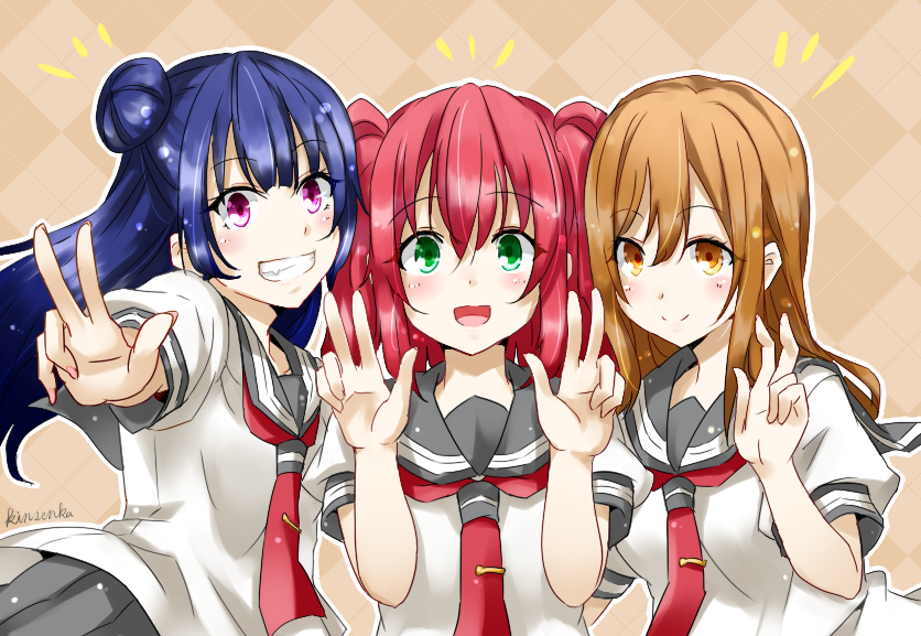 3girls :d blue_hair brown_eyes brown_hair eyebrows_visible_through_hair green_eyes hair_between_eyes kinsenka kunikida_hanamaru kurosawa_ruby long_hair looking_at_viewer love_live! love_live!_school_idol_project love_live!_sunshine!! multiple_girls neckerchief open_mouth pleated_skirt red_neckerchief redhead school_uniform serafuku short_sleeves side_bun signature skirt smile tie_clip tsushima_yoshiko two_side_up uranohoshi_school_uniform violet_eyes