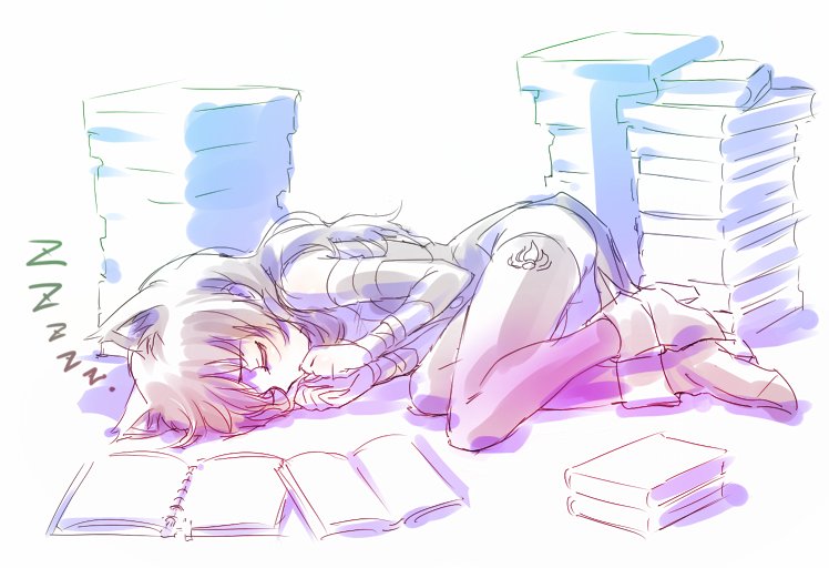 1girl animal_ears blake_belladonna book cat_ears commentary fetal_position iesupa lying on_side pile_of_books rwby sketch sleeping solo zzz