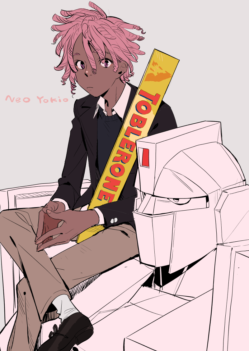 1boy charles_(neo_yokio) closed_mouth copyright_name dark_skin dark_skinned_male fingers_together grey_background hairlocs kaz_kaan legs_crossed looking_at_viewer male_focus neo_yokio pink_hair school_uniform short_hair simple_background sitting_on_shoulder sweater toblerone violet_eyes yutaka7