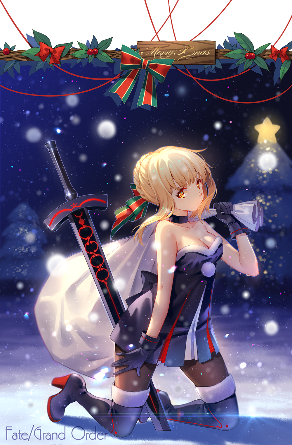 1girl artoria_pendragon_(all) bangs bare_arms bare_shoulders black_footwear black_gloves blonde_hair boots collarbone copyright_name dress eyebrows_visible_through_hair fate/grand_order fate_(series) full_body fur-trimmed_boots fur_trim gloves hair_ribbon hand_up high_heel_boots high_heels highres holding kneeling looking_at_viewer merry_christmas motion_blur night night_sky outdoors over_shoulder pantyhose planted_sword planted_weapon ribbon saber_alter sack santa_alter short_hair sidelocks sky snow snowing solo star strapless strapless_dress sword thigh-highs thigh_boots tidsean tree unsheathed weapon yellow_eyes