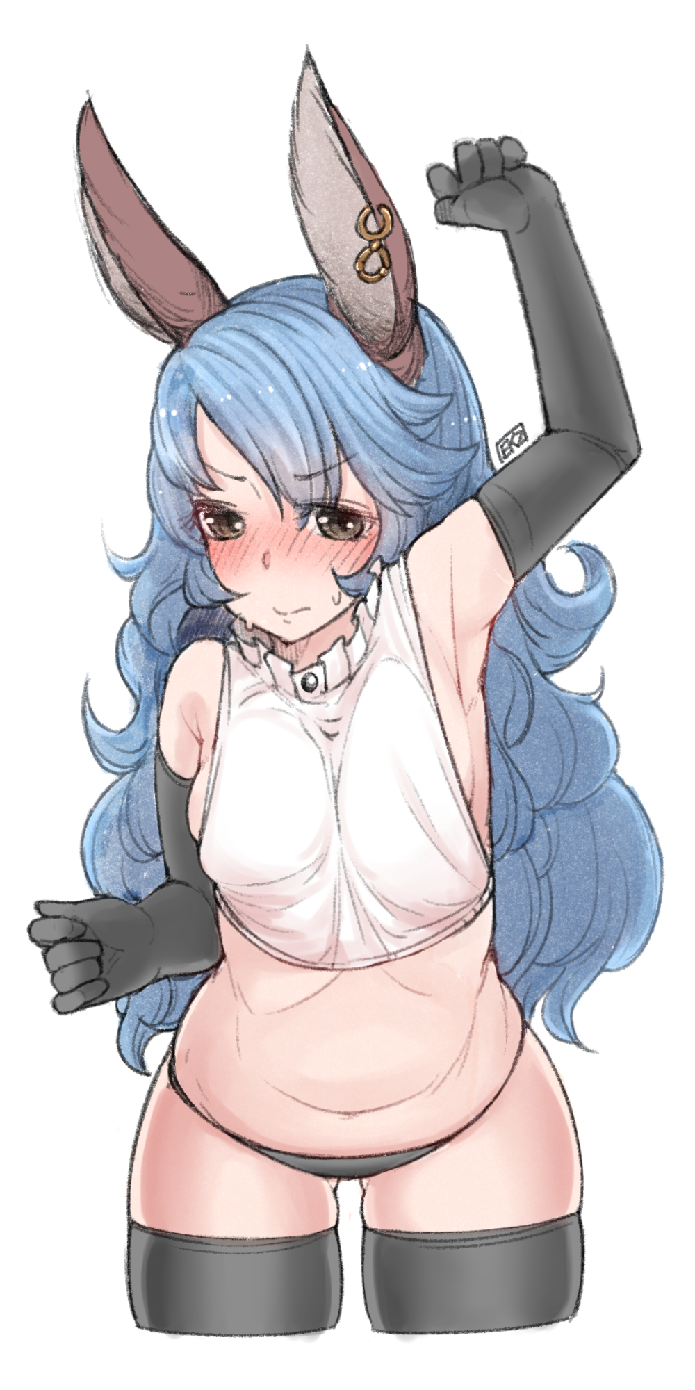 1girl 3:&lt; animal_ears arm_up armpits black_bikini_bottom black_legwear blue_hair blush breasts brown_eyes clenched_hands closed_mouth cropped_legs earrings ekz_(drawfag) erun_(granblue_fantasy) ferry_(granblue_fantasy) frilled_shirt frills gluteal_fold granblue_fantasy highres jewelry leaning_forward long_hair medium_breasts navel nose_blush shirt simple_background sketch sleeveless sleeveless_shirt solo sweat thigh-highs very_long_hair white_background white_shirt