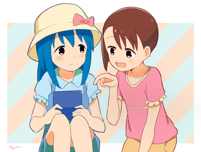 2girls aayh akamatsu_yui blue_hair blue_shirt bow brown_hair brown_headwear brown_skirt collarbone collared_shirt commentary_request diagonal_stripes hand_up handheld_game_console hat hat_bow holding kotoha_(mitsuboshi_colors) long_hair mitsuboshi_colors multiple_girls pink_bow pink_shirt pointing red_eyes shirt short_sleeves signature skirt striped striped_background