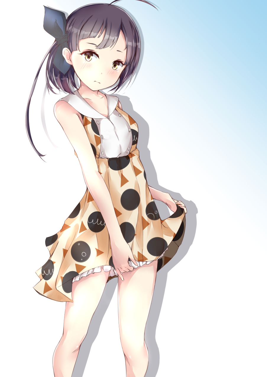 1girl ahoge alternate_costume bare_arms bare_legs bare_shoulders black_hair blush collarbone commentary_request dress fujinami_(kantai_collection) gradient gradient_background highres holding_skirt kantai_collection long_hair looking_at_viewer migiue orange_eyes ribbon sketch skirt skirt_lift tied_hair