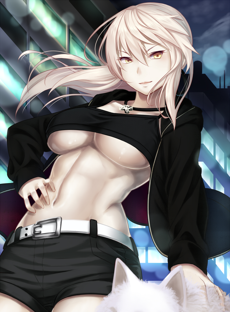 1girl artoria_pendragon_(all) belt black_jacket black_pants blonde_hair breasts commentary_request dog eyebrows_visible_through_hair hair_between_eyes jacket jewelry koko_(koko3) large_breasts long_hair looking_at_viewer looking_down navel necklace open_clothes open_jacket pants saber_alter solo under_boob yellow_eyes