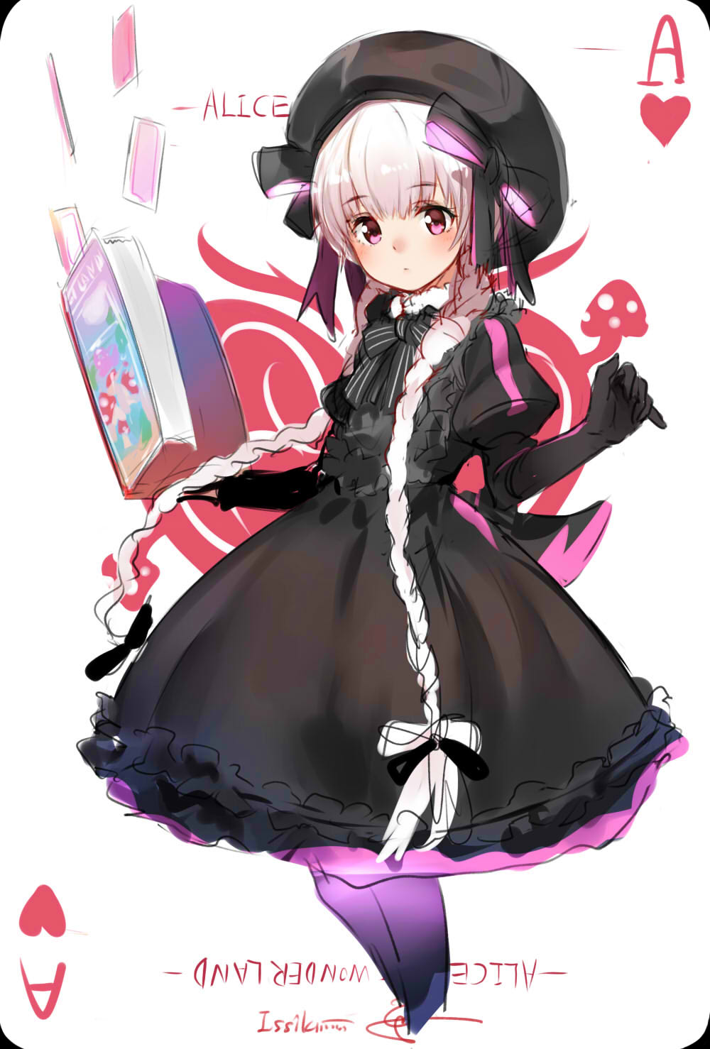1girl artist_name bangs beret black_dress black_gloves book braid card_(medium) dress elbow_gloves eyebrows_visible_through_hair fate/extra fate_(series) gloves hat highres holding holding_book isshiki_(ffmania7) juliet_sleeves long_hair long_sleeves nursery_rhyme_(fate/extra) open_book playing_card_theme puffy_sleeves signature solo standing twin_braids very_long_hair violet_eyes white_hair