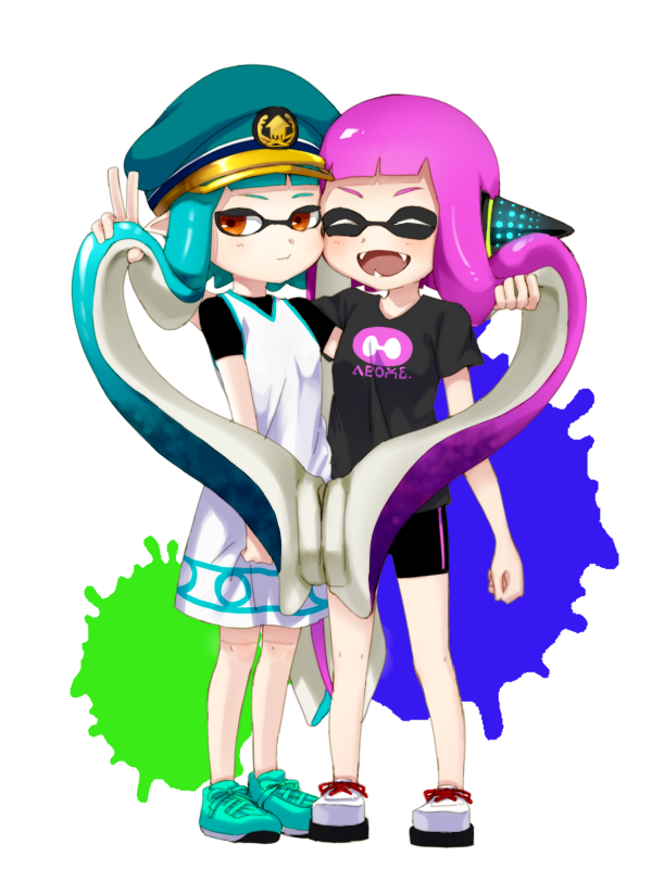 2girls :d ^_^ ^o^ arm_at_side bangs bike_shorts black_shirt blue_hair blunt_bangs blush brown_eyes cheek-to-cheek closed_eyes closed_mouth domino_mask fangs full_body green_hat green_shoes hat headgear heart heart_hair holding holding_hair inkling legs_apart long_hair looking_away mask multiple_girls no_socks open_mouth peaked_cap pink_hair shirt shoes short_sleeves smile splatoon splatoon_1 standing takeko_spla tentacle_hair v very_long_hair white_shirt white_shoes yuri