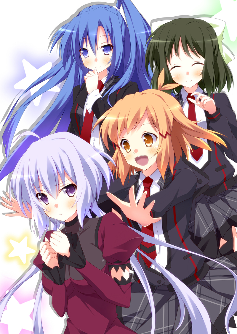 10s 4girls :d ahoge black_hair blue_eyes blue_hair blush bow breasts brown_eyes brown_hair closed_eyes detached_sleeves dress frown hair_between_eyes hair_bow hair_ornament hairclip kazanari_tsubasa kohinata_miku kurono_yuzuko long_hair lydian_academy_uniform medium_breasts multiple_girls open_mouth pleated_skirt purple_dress purple_hair senki_zesshou_symphogear side_ponytail skirt small_breasts smile star tachibana_hibiki_(symphogear) twintails violet_eyes yukine_chris