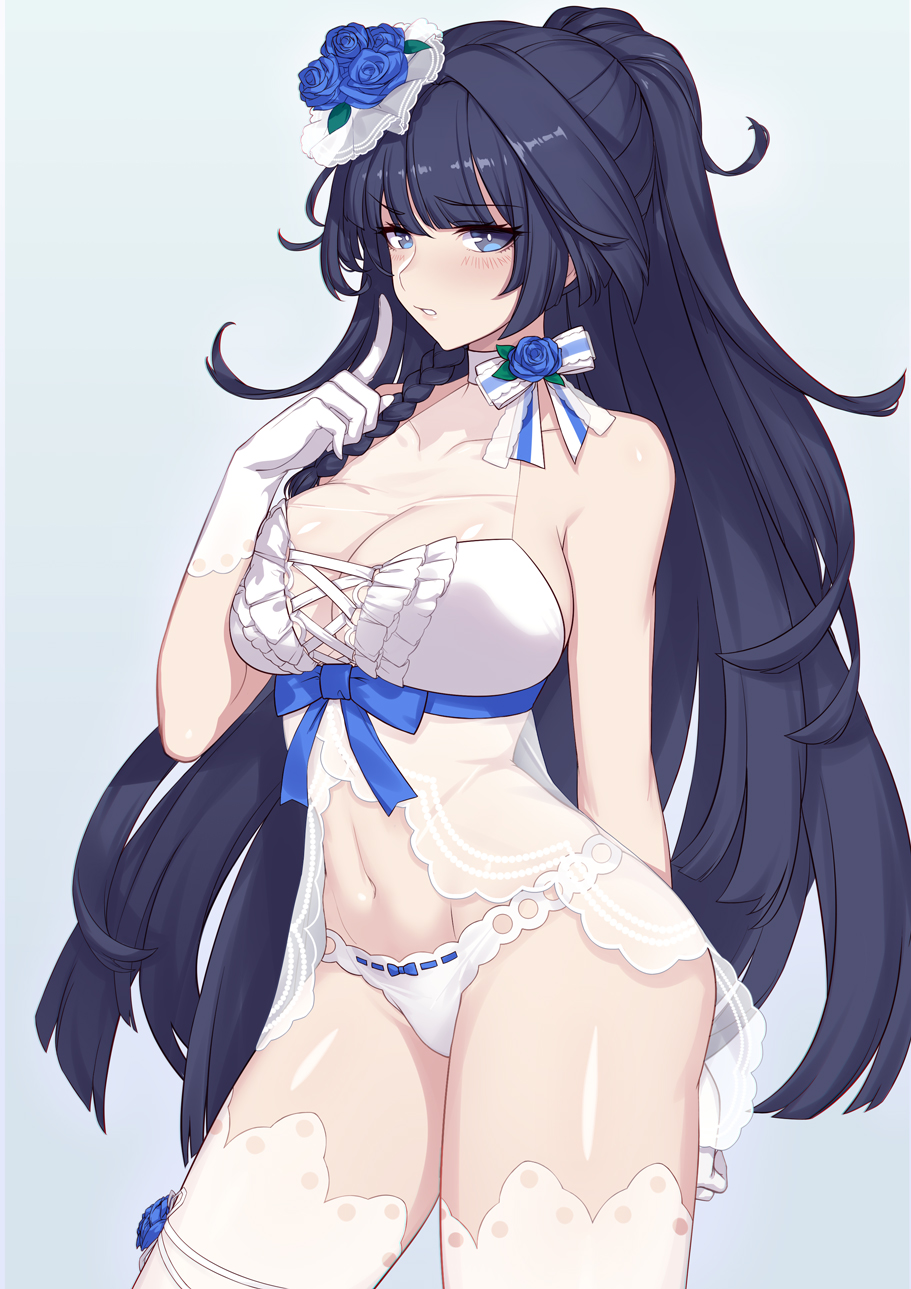 1girl babydoll bangs bare_shoulders benghuai_xueyuan black_hair blue_background blue_bow blue_eyes blush bow bow_panties braid breasts bright_pupils cleavage contrapposto cowboy_shot evan_yang eyebrows_visible_through_hair finger_to_mouth flower gloves hair_flower hair_ornament halter_top halterneck hand_up highres index_finger_raised large_breasts lingerie long_hair looking_at_viewer navel panties parted_lips ponytail raiden_mei ribbon-trimmed_panties ribbon_trim see-through side_braid sidelocks simple_background solo standing thigh-highs tsurime underwear very_long_hair white_gloves white_legwear white_panties white_pupils