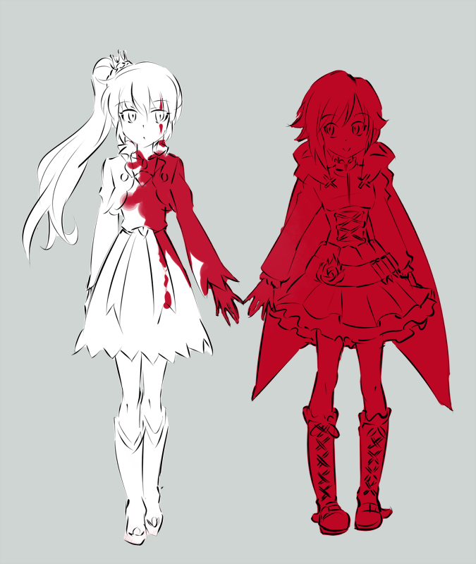 2girls blood blood_splatter color_connection commentary_request hood hoodie iesupa multiple_girls ponytail ruby_rose rwby scar scar_across_eye short_hair weiss_schnee