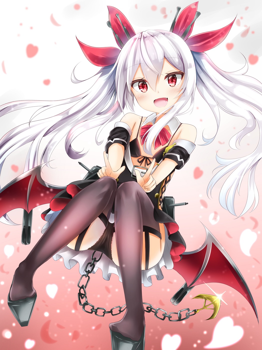 1girl azur_lane bare_shoulders bat_wings belt black_legwear blush breasts chains commentary_request fang hair_between_eyes hair_ornament highres long_hair looking_at_viewer open_mouth red_eyes renka_(cloudsaikou) ribbon skirt small_breasts solo thigh-highs twintails underwear vampire_(azur_lane) white_hair wings