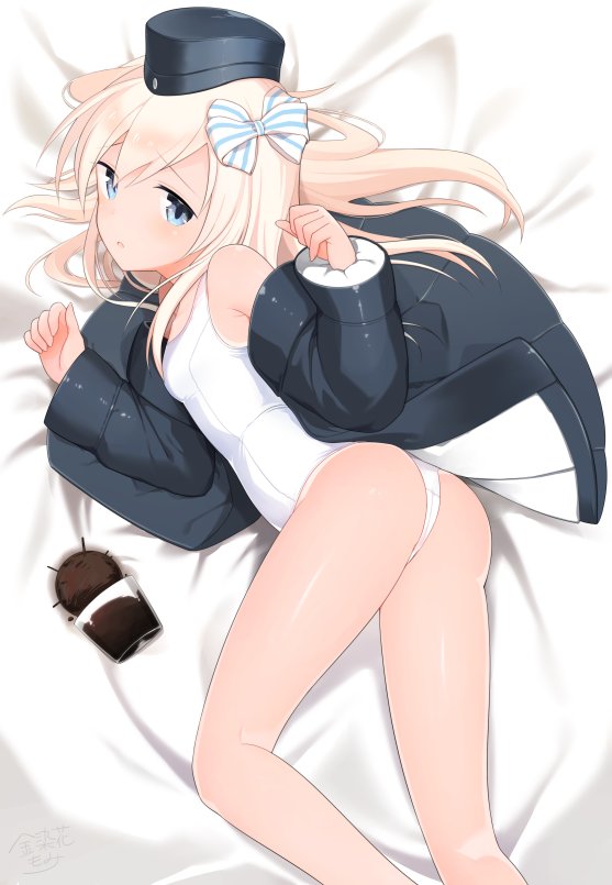 1girl ass blonde_hair blue_eyes cowboy_shot cropped_jacket duplicate garrison_cap hair_ribbon hat kantai_collection kinsenka_momi long_hair looking_at_viewer on_bed ribbon school_swimsuit solo swimsuit u-511_(kantai_collection) white_school_swimsuit white_swimsuit