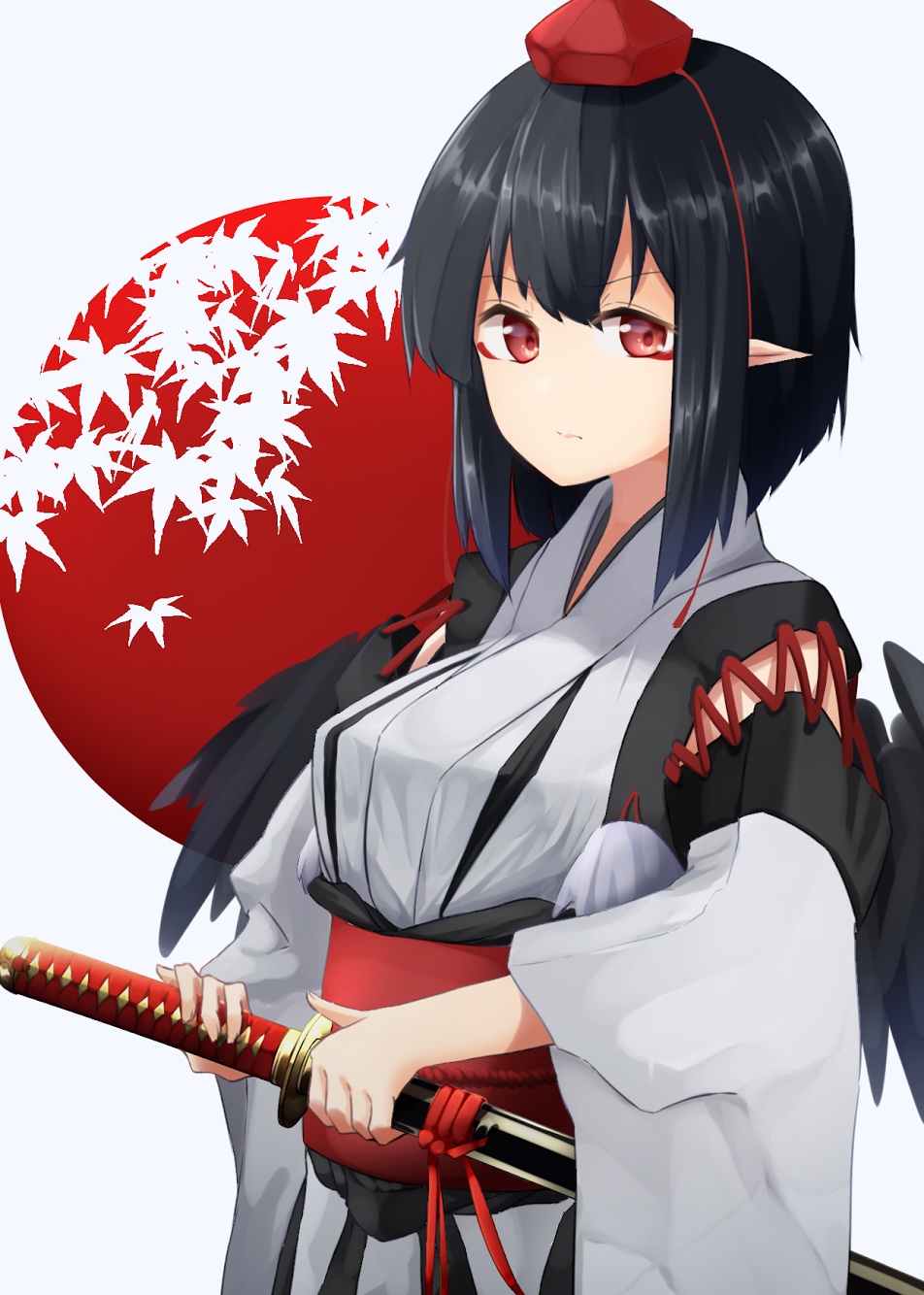 1girl bird_wings black_hair black_wings breasts closed_mouth hat highres japanese_clothes katana kourindou_tengu_costume long_sleeves looking_at_viewer medium_breasts obi pointy_ears red_eyes sash shameimaru_aya short_hair solo sword tokin_hat touhou upper_body weapon wide_sleeves wings yusake_san