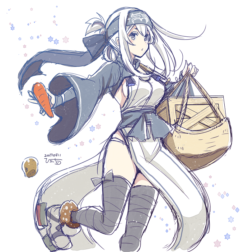 1girl ainu_clothes breasts carrot cowboy_shot crate dated dress folded_ponytail headband hiroichi kamoi_(kantai_collection) kantai_collection large_breasts long_hair potato sideboob signature simple_background sketch sleeveless sleeveless_dress solo thigh-highs white_background white_hair wrist_guards