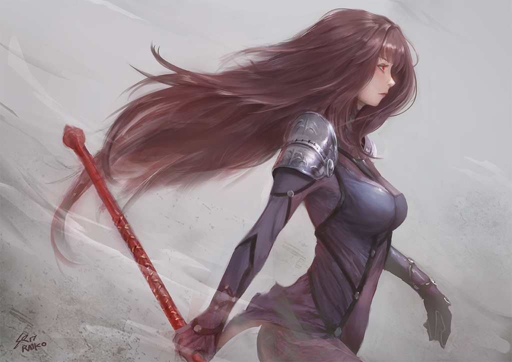 1girl bangs bodysuit breasts fate/grand_order fate_(series) from_side gae_bolg holding holding_weapon large_breasts long_hair pauldrons polearm purple_bodysuit purple_hair raikoart red_eyes scathach_(fate/grand_order) solo spear very_long_hair weapon wind wind_lift