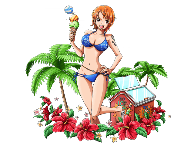 1girl :d barefoot bikini blue_bikini bodskih breasts brown_eyes cleavage collarbone flower food groin hand_on_hip hibiscus holding holding_food ice_cream large_breasts looking_at_viewer nami_(one_piece) navel one_leg_raised one_piece open_mouth orange_hair palm_tree red_flower short_hair smile solo standing standing_on_one_leg swimsuit transparent_background tree
