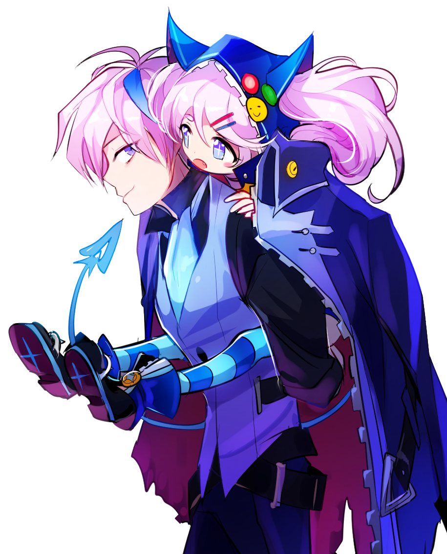 1boy 1girl belt blue_eyes blue_hair blush_stickers chiliarch_(elsword) ciel_(elsword) collared_shirt demon_tail dreadlord_(elsword) elsword fang fang_out hair_ornament hairclip hood jacket luciela_r._sourcream mellchi multicolored_hair piggyback pins shirt striped striped_legwear symbol-shaped_pupils tail twintails two-tone_hair vest white_background white_hair