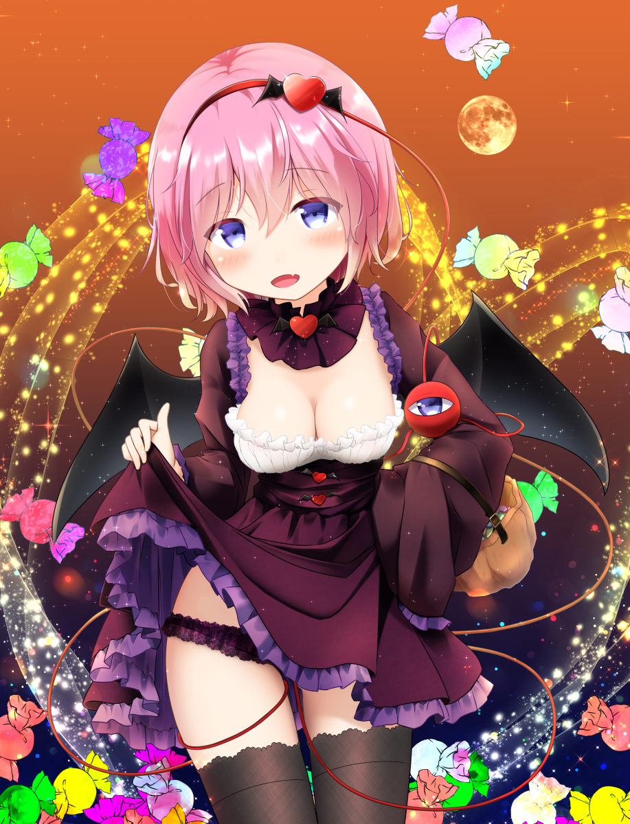 1girl basket bat_wings black_dress black_legwear black_panties blue_eyes blush breasts candy cleavage commentary_request cowboy_shot detached_collar dress dress_lift food gradient gradient_background hairband halloween halloween_costume heart highres komeiji_satori lace lace-trimmed_panties lifted_by_self looking_at_viewer medium_breasts orange_background panties pink_hair shiny shiny_hair short_hair smile solo thigh-highs touhou underwear wide_sleeves wings yuuforia