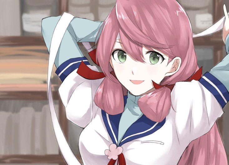 1girl :d akashi_(kantai_collection) blue_sailor_collar blue_shirt green_eyes hair_between_eyes hair_ribbon kantai_collection long_hair long_sleeves morinaga_(harumori) open_mouth pink_hair red_ribbon ribbon sailor_collar school_uniform serafuku shirt smile solo tress_ribbon