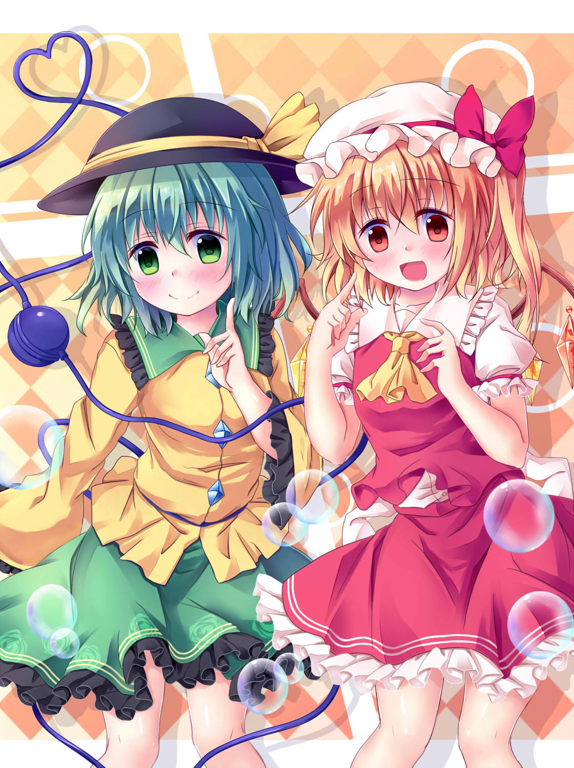 2girls blonde_hair blush bow bubble crystal dress_shirt eyeball fang flandre_scarlet floral_print green_eyes green_hair green_skirt hair_bow hat hat_bow hat_ribbon heart heart_of_string highres komeiji_koishi long_hair long_sleeves mob_cap multiple_girls open_mouth puffy_short_sleeves puffy_sleeves red_eyes red_skirt red_vest ribbon shirt short_hair short_sleeves side_ponytail skirt skirt_set smile string third_eye touhou vest white_shirt wide_sleeves wings wrist_cuffs yellow_ascot yuzuki_sora