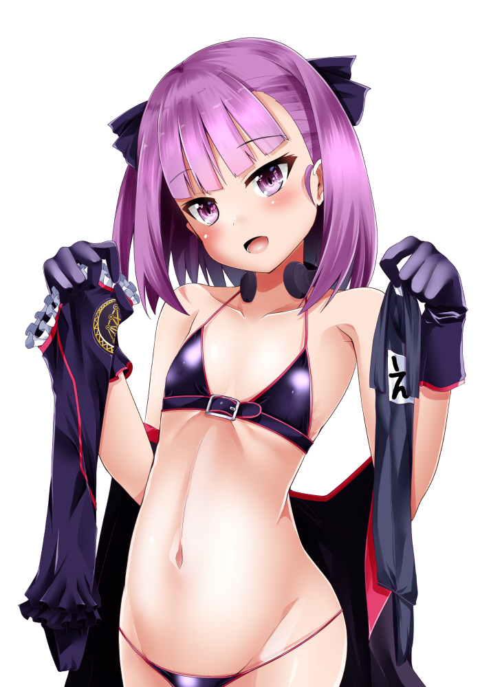 1girl :d bangs bare_shoulders bikini black_bikini black_gloves blunt_bangs collarbone erect_nipples eyebrows_visible_through_hair fate/grand_order fate_(series) flat_chest frills gloves groin hair_ribbon head_tilt helena_blavatsky_(fate/grand_order) holding_clothes navel one-piece_swimsuit open_mouth pink_eyes pink_hair ribbon school_swimsuit shirosuzu short_hair simple_background smile solo stomach swimsuit swimsuit_removed tsurime upper_body white_background