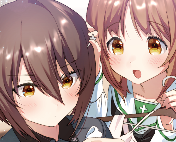 2girls black_neckwear blouse blush brown_eyes brown_hair clothes_hanger commentary_request dress_shirt eyebrows_visible_through_hair face girls_und_panzer grey_shirt hair_ornament hairclip kuromorimine_school_uniform multiple_girls neckerchief nishizumi_maho nishizumi_miho official_art ogino_atsuki ooarai_school_uniform school_uniform serafuku shirt siblings sisters smile white_blouse