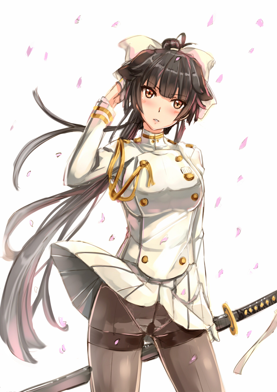 1girl azur_lane bangs black_hair black_legwear blush bow breasts brown_eyes buttons gloves hair_bow highres holding holding_sword holding_weapon kazeno long_hair long_sleeves looking_at_viewer medium_breasts military military_uniform pantyhose parted_lips ponytail skirt solo standing sword takao_(azur_lane) uniform very_long_hair weapon white_gloves