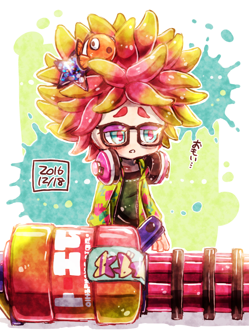 1girl anemo_(splatoon) black_dress blue_eyes clownfish dated dress eyeshadow glasses green_jacket hair_ornament harutarou_(orion_3boshi) headphones headphones_around_neck heavy_splatling_(splatoon) hood hoodie inkling_(language) jacket kumano_(splatoon) long_sleeves makeup open_clothes open_jacket paint_splatter parted_lips pink_hair short_hair splatoon splatoon_1 standing star star_hair_ornament tentacle_hair translated weapon