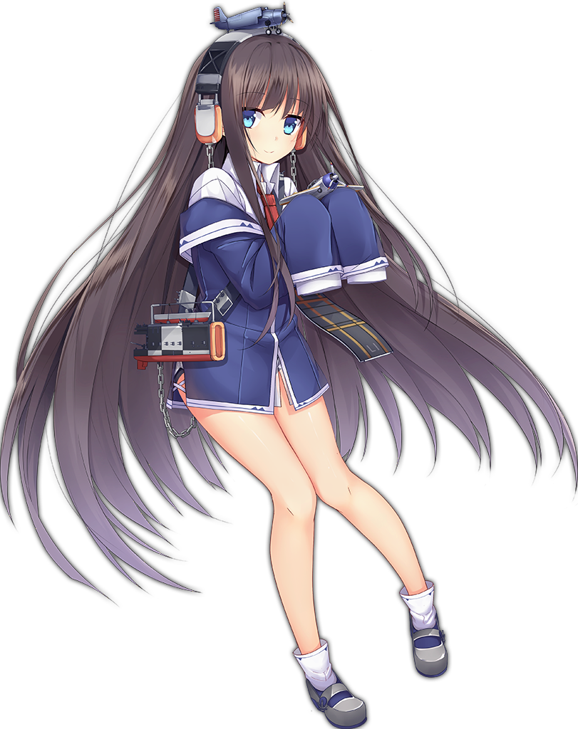 1girl aircraft aixioo azur_lane bare_legs black_hair blue_eyes chains flight_deck full_body headphones long_hair long_island_(azur_lane) long_sleeves looking_at_viewer necktie no_pants object_on_head official_art shoes sleeves_past_wrists smile solo transparent_background
