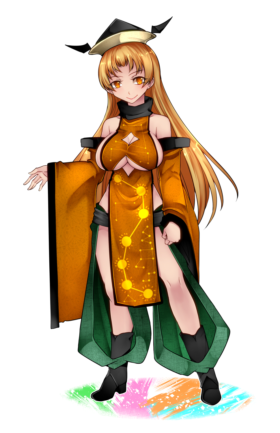 1girl adapted_costume aoshima bare_shoulders blonde_hair breasts chaps cleavage cleavage_cutout closed_mouth constellation detached_sleeves full_body hat highres long_hair long_sleeves looking_at_viewer matara_okina smile solo standing tabard touhou under_boob wide_sleeves yellow_eyes