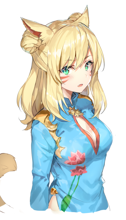 1girl animal_ears bangs blonde_hair blue_dress blush breasts center_opening china_dress chinese_clothes cropped_torso double_bun dress eyebrows_visible_through_hair final_fantasy final_fantasy_xiv long_hair looking_at_viewer medium_breasts miqo'te momoko_(momopoco) open_mouth side_slit sidelocks simple_background solo whisker_markings white_background