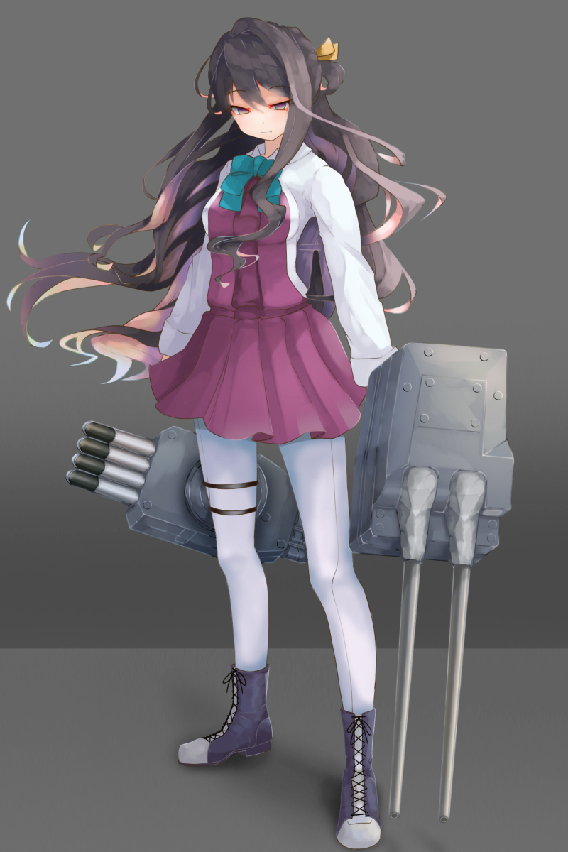 1girl bangs black_hair blue_ribbon boots cannon closed_mouth commentary_request cross-laced_footwear eyebrows_visible_through_hair from_side full_body grey_legwear gun hair_between_eyes hair_ribbon half-closed_eyes hand_in_hair hand_up highres holding holding_gun holding_weapon kantai_collection lace-up_boots long_hair long_sleeves looking_at_viewer momin multicolored_hair naganami_(kantai_collection) neck_ribbon pantyhose ponytail ribbon rigging shirt sidelocks simple_background smile solo standing torpedo_tubes wavy_hair weapon white_legwear white_shirt yellow_eyes