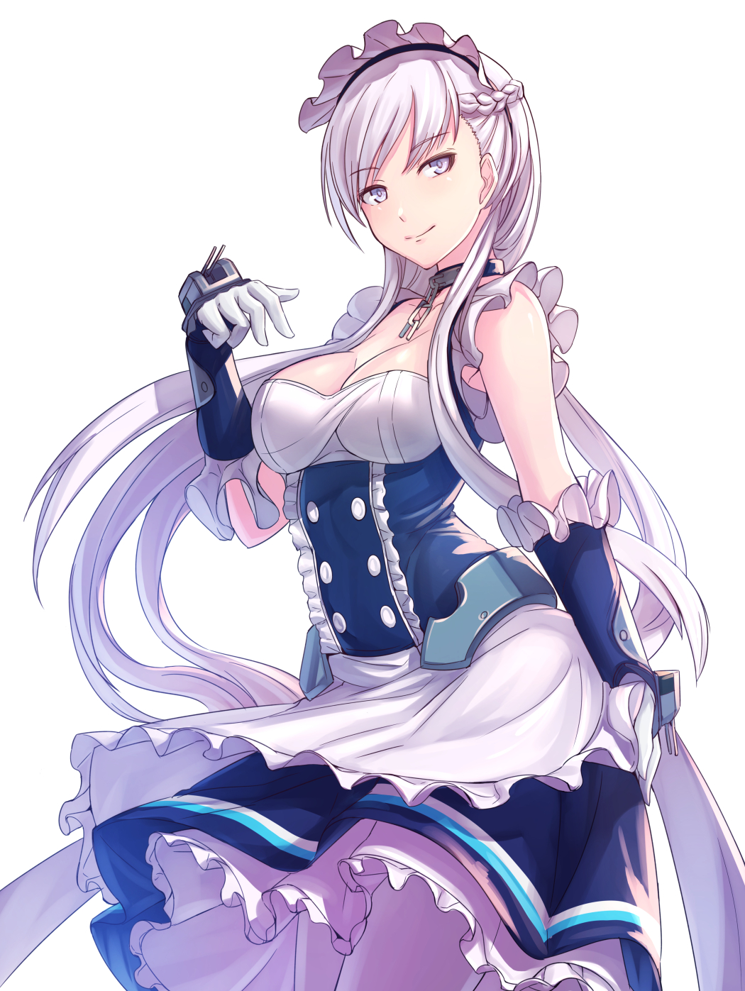 1girl azur_lane bangs bare_shoulders belfast_(azur_lane) breasts chains cleavage collar collarbone commentary_request eyebrows_visible_through_hair gloves grey_eyes highres kagaa_(user_vjrx4323) large_breasts long_hair looking_at_viewer maid maid_headdress silver_hair skirt skirt_lift smile solo white_background