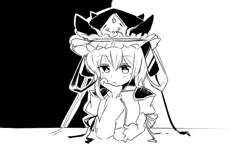 1girl bangs bow closed_mouth epaulettes eyebrows_visible_through_hair greyscale hair_between_eyes hat hat_ribbon high_contrast holding long_sleeves monochrome ribbon ritual_baton rod_of_remorse shiki_eiki short_hair simple_background solo touhou upper_body