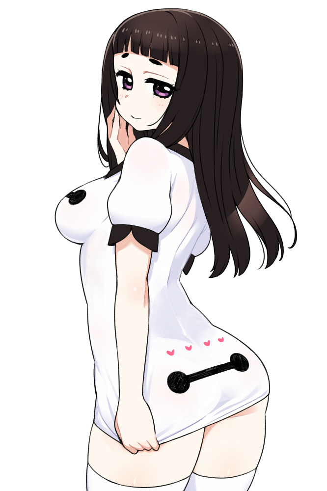 1girl ass baymax baymax_(cosplay) big_hero_6 black_hair blush bodycon breasts chan_co cosplay cowboy_shot hime_cut long_hair looking_at_viewer looking_back medium_breasts personification short_sleeves simple_background solo standing thigh-highs violet_eyes white_background white_legwear zettai_ryouiki