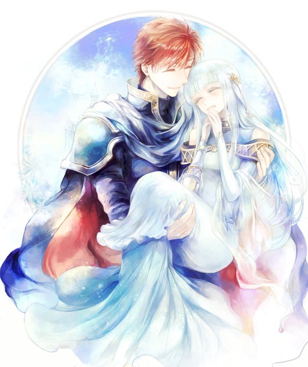 1boy 1girl blue_hair cape carrying closed_eyes couple dress eliwood_(fire_emblem) fire_emblem fire_emblem:_rekka_no_ken hetero kuzumosu laughing long_hair ninian princess_carry redhead simple_background smile traditional_media watercolor_(medium)