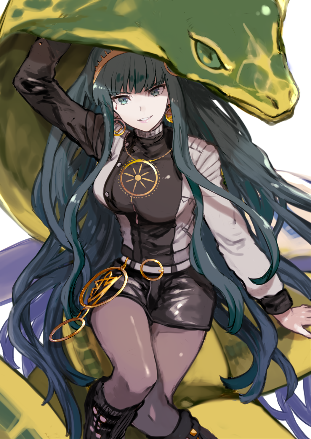 1girl black_legwear cleopatra_(fate/grand_order) cobra_(animal) earrings fate/grand_order fate_(series) green_eyes green_hair highres jewelry long_hair necklace shorts sitting very_long_hair