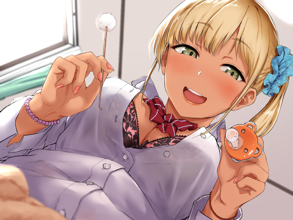 1girl aoi_chizuru bangs blonde_hair blue_scrunchie blurry blush bow bowtie bra bracelet breasts brown_eyes buttons collared_shirt commentary_request depth_of_field eyebrows_visible_through_hair from_behind gyaru hair_ornament hair_scrunchie holding indoors jewelry kogal large_breasts looking_at_viewer mimikaki nail_polish open_mouth original pacifier pink_nails red_bow red_bowtie school_uniform scrunchie shirt side_ponytail solo unbuttoned underwear upper_body white_shirt