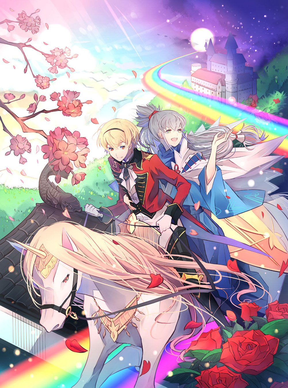 2boys animal blonde_hair castle cherry_blossoms european_clothes fire_emblem fire_emblem_if flower grin highres horseback_riding japanese_clothes kariya_(mizore) leon_(fire_emblem_if) moon multiple_boys ponytail rainbow riding rose smile takumi_(fire_emblem_if) unicorn white_hair